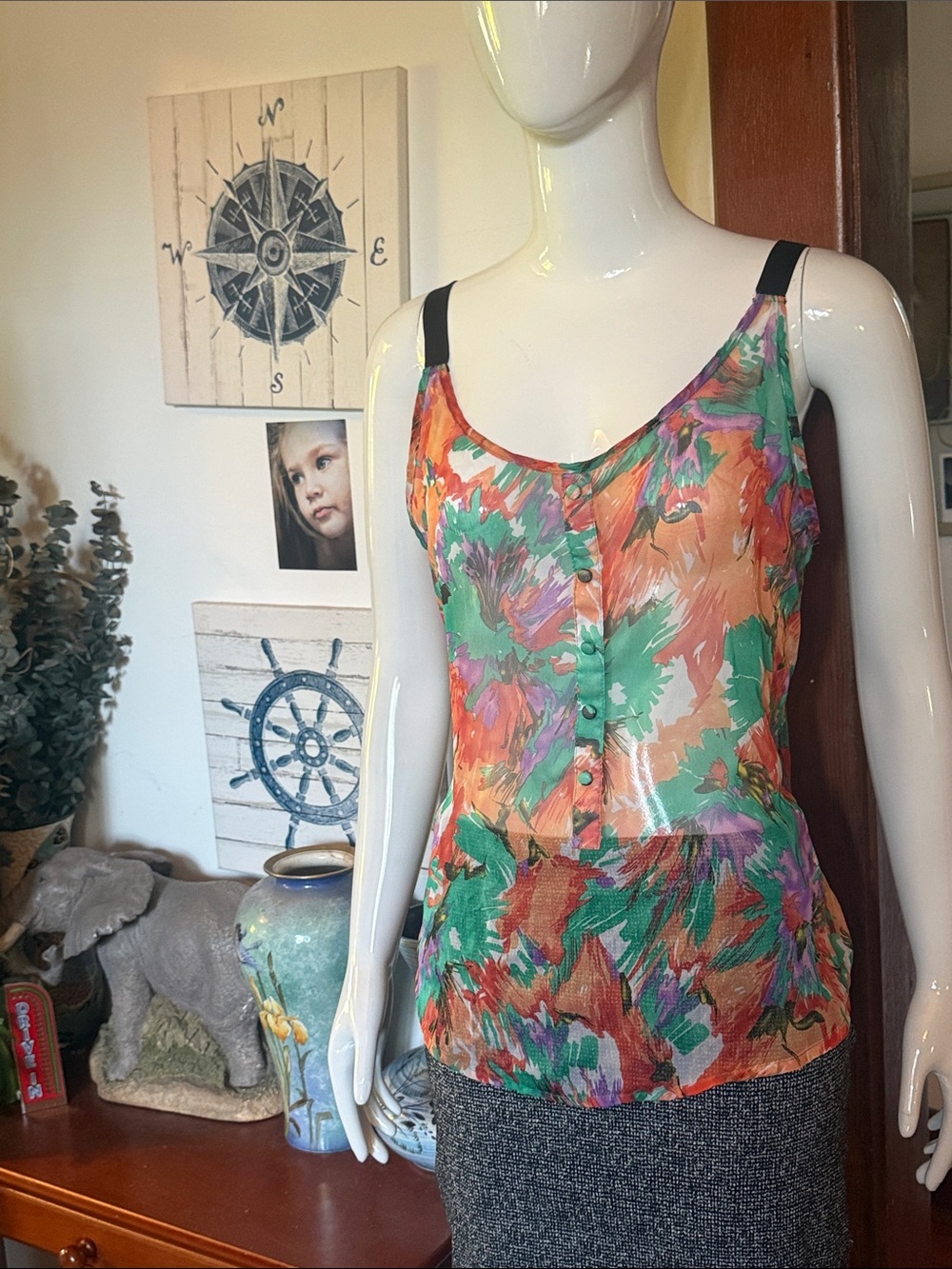 Floral Brushstroke Satin Cami Tank Top - Green / Orange size small